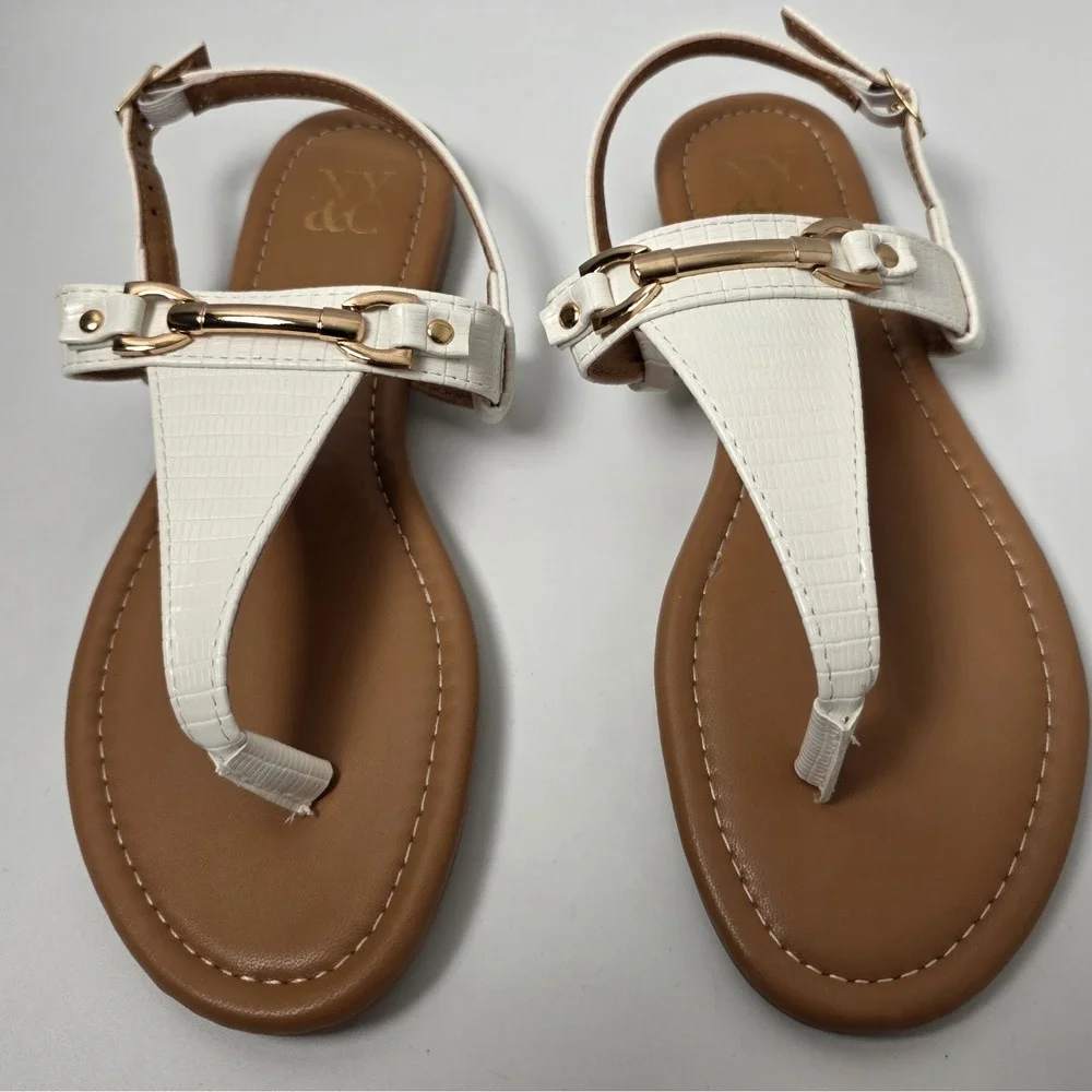 NEW NY & Company Angelica Women's T-Strap Sandals‎ In White Lizard Size 7 #0769